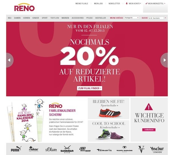RENO Online Shop Startseite